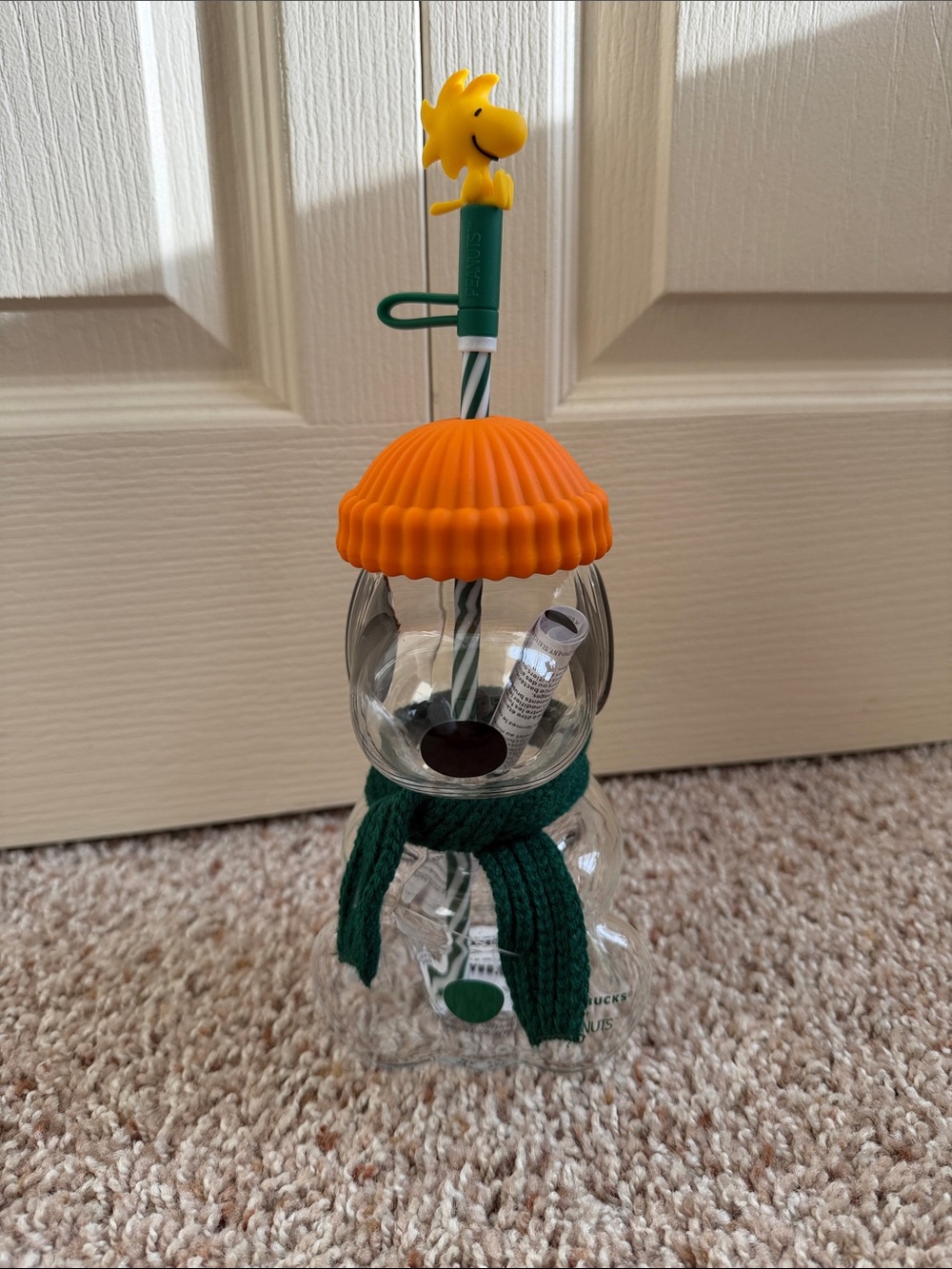 Starbucks X Peanuts - Snoopy Glass cup with Orange Top & Green Scarf